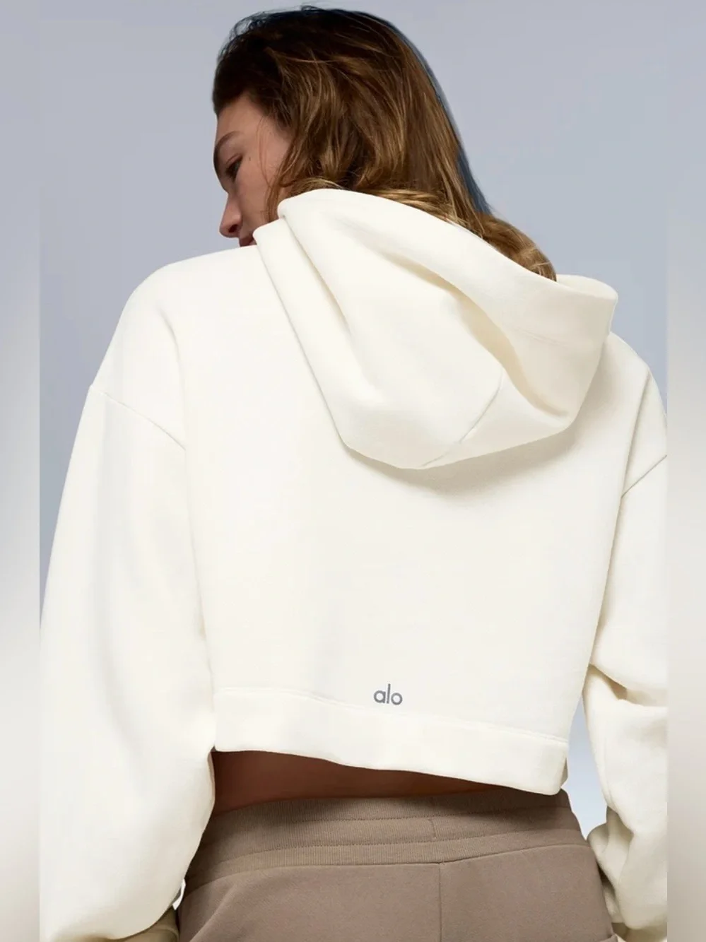 Alo NWT Bae Hoodie Ivory Cream Cropped Pullover Sweatshirt Size L